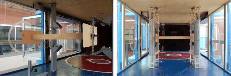 Views of the dynamic setup in the wind tunnel: (left) detail of the elastic suspension system with plate-springs; (right) complete rig with the sheltering system.