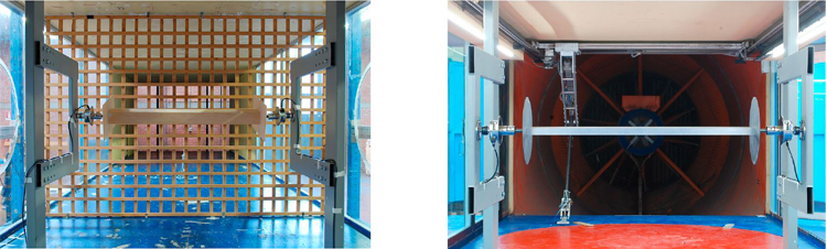 Static setup views with turbulence grid generator mounted close to the sectional model; two different sectional models are visible.